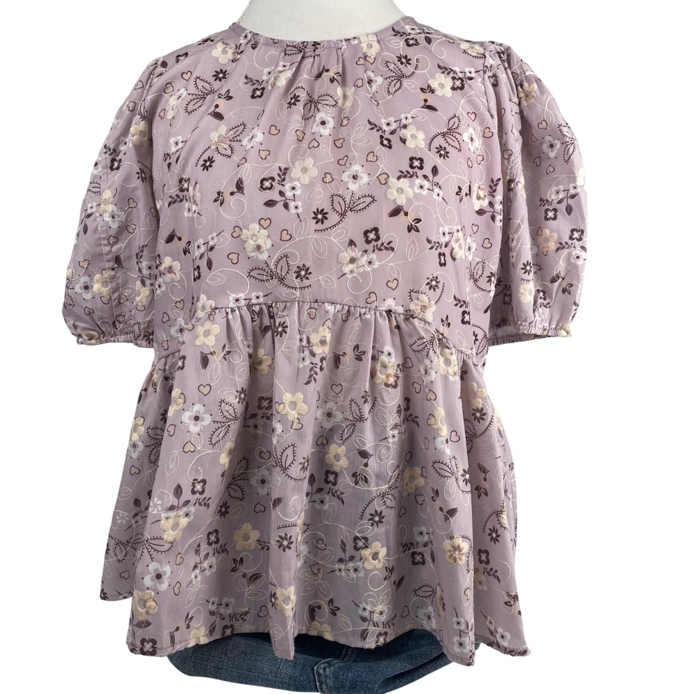 Easel Lavender Floral Embroidered Babydoll Puff Sleeve Blouse ET20193 NEW